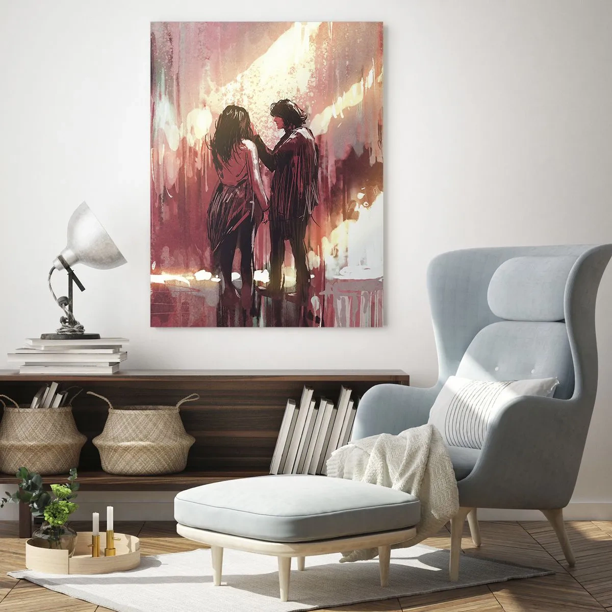 Impression sur verre - Image sur verre - Un couple debout dans une lumière chaude sur fond de motifs abstraits - 80x120cm - L'éternel spectacle de l'amour - Décoration murale moderne pour le salon et la chambre ARTTOR