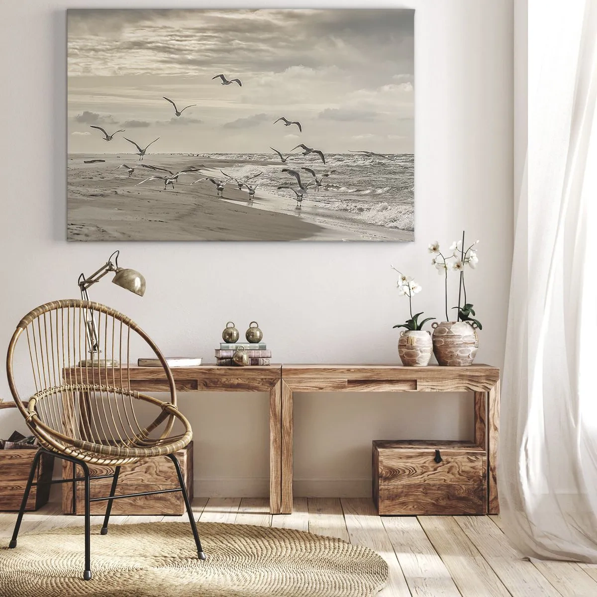 Impression sur toile - Image sur toile - Une mouette en vol au-dessus d'un paysage balnéaire - 100x70cm - Le bruit de la mer, le chant des oiseaux - Décoration murale moderne pour le salon et la chambre ARTTOR