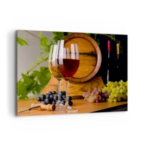Impression sur toile - Image sur toile - Verres de vin avec des raisins, un tonneau et des bouteilles sur une table en bois - 120x80cm - Comme les vieux maîtres - Décoration murale moderne pour le salon et la chambre ARTTOR