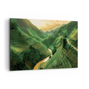 Impression sur toile - Image sur toile - Rizières en terrasses pittoresques dans une vallée verdoyante illuminée par le soleil couchant - 100x70cm - Vallée vietnamienne - Décoration murale moderne pour le salon et la chambre ARTTOR