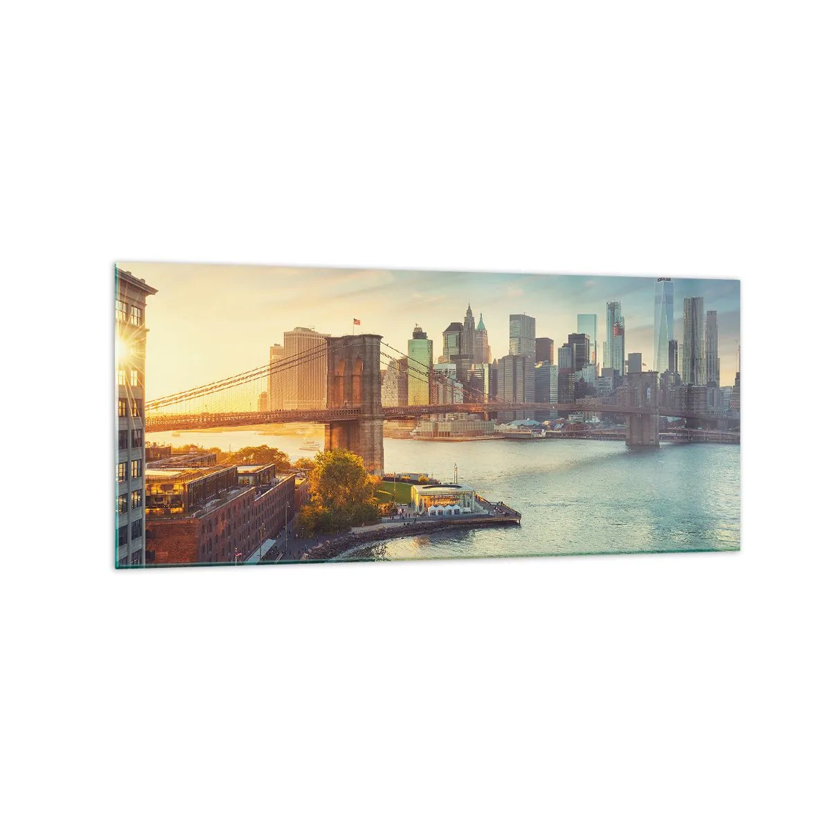 Impression sur verre - Image sur verre - Panorama de la ville avec le pont au coucher du soleil - 120x50cm - L'aube de la grande ville - Décoration murale moderne pour le salon et la chambre ARTTOR