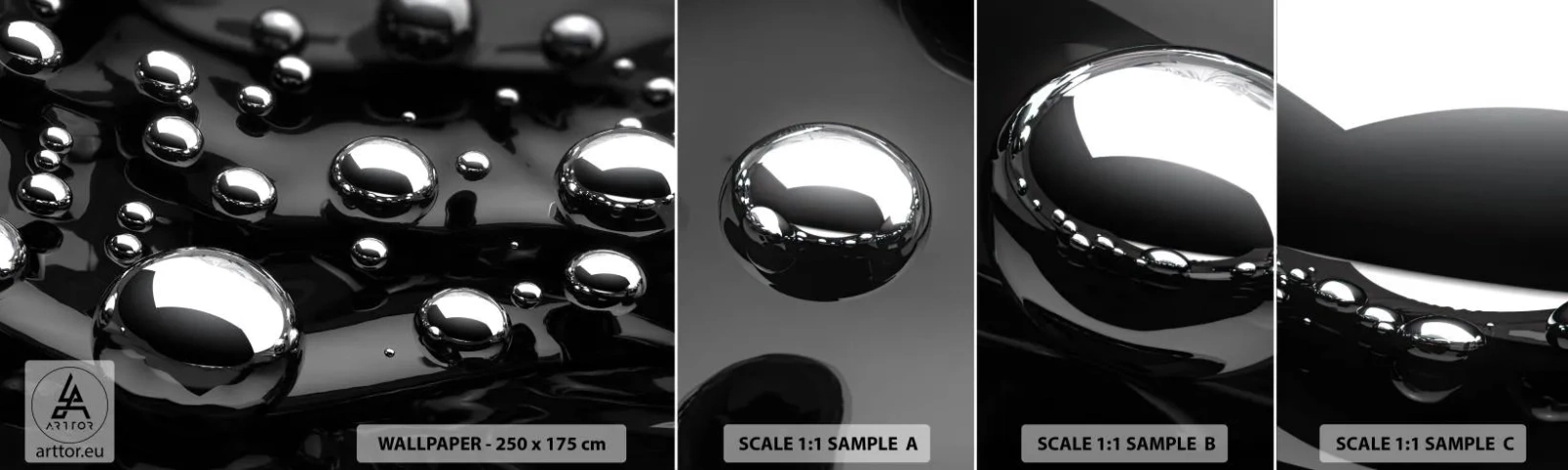Échantillon De Papier Peint Standard Eco - D'un ton noir - Abstraction, Boules chromées, 3D - 100x30 cm