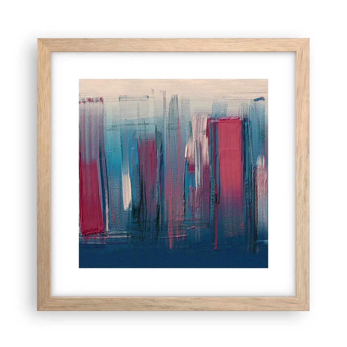 Affiche dans un chêne clair - Poster - Composition verticale en bleu et rouge - 30x30 cm