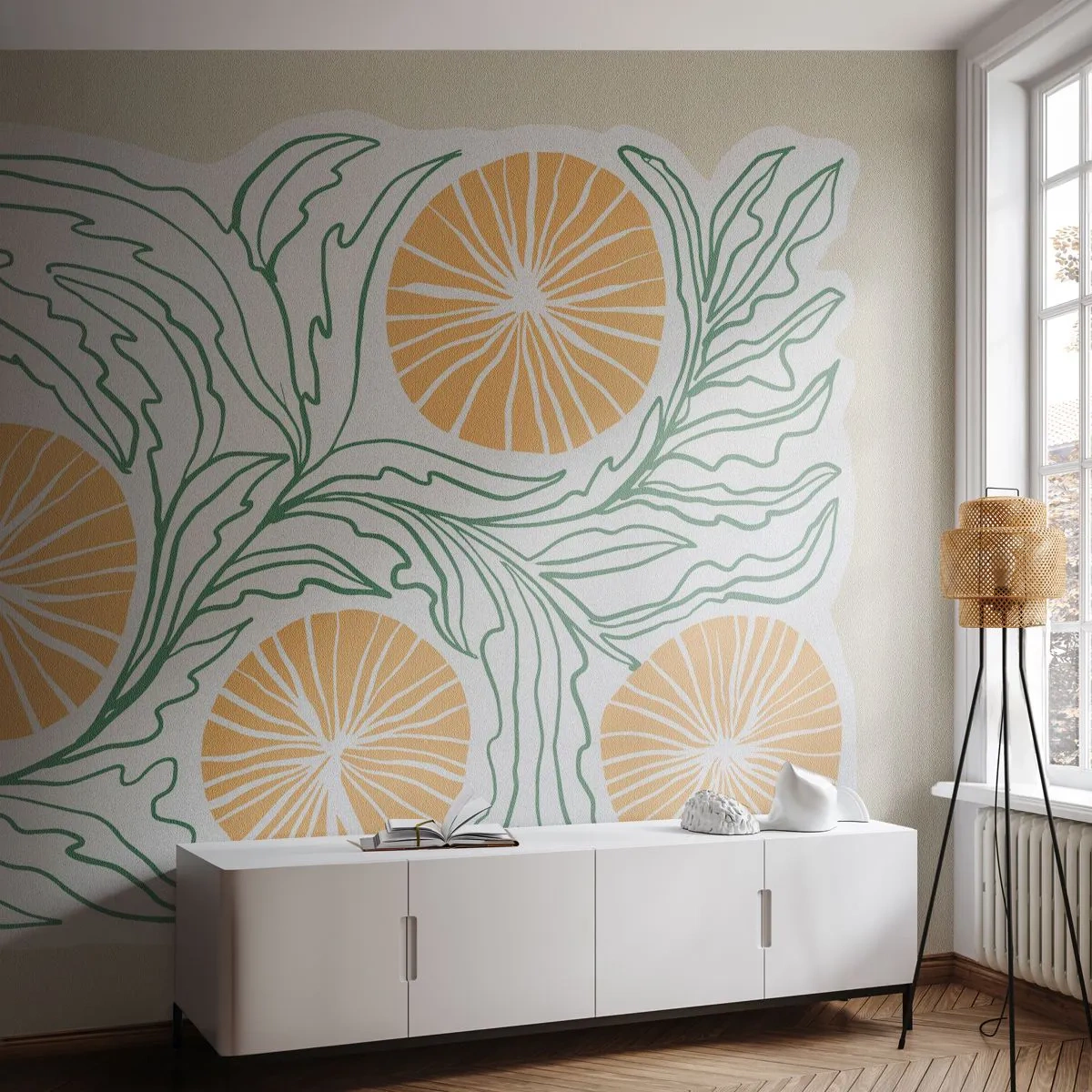 Papier Peint Photo Premium Sand - Fruits orange et feuilles vertes sous forme graphique - 100x70cm - Ethnique avec une pointe d'abstraction - Décoration murale moderne pour le salon et la chambre ARTTOR