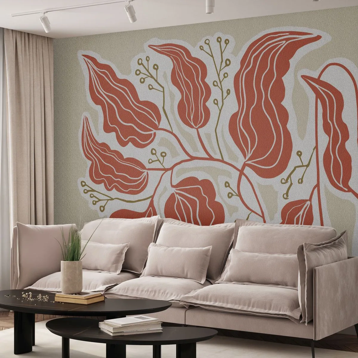 Papier Peint Photo Premium Sand - Feuilles de corail et brindilles délicates sur fond clair - 100x70cm - Folk et coloré - Décoration murale moderne pour le salon et la chambre ARTTOR