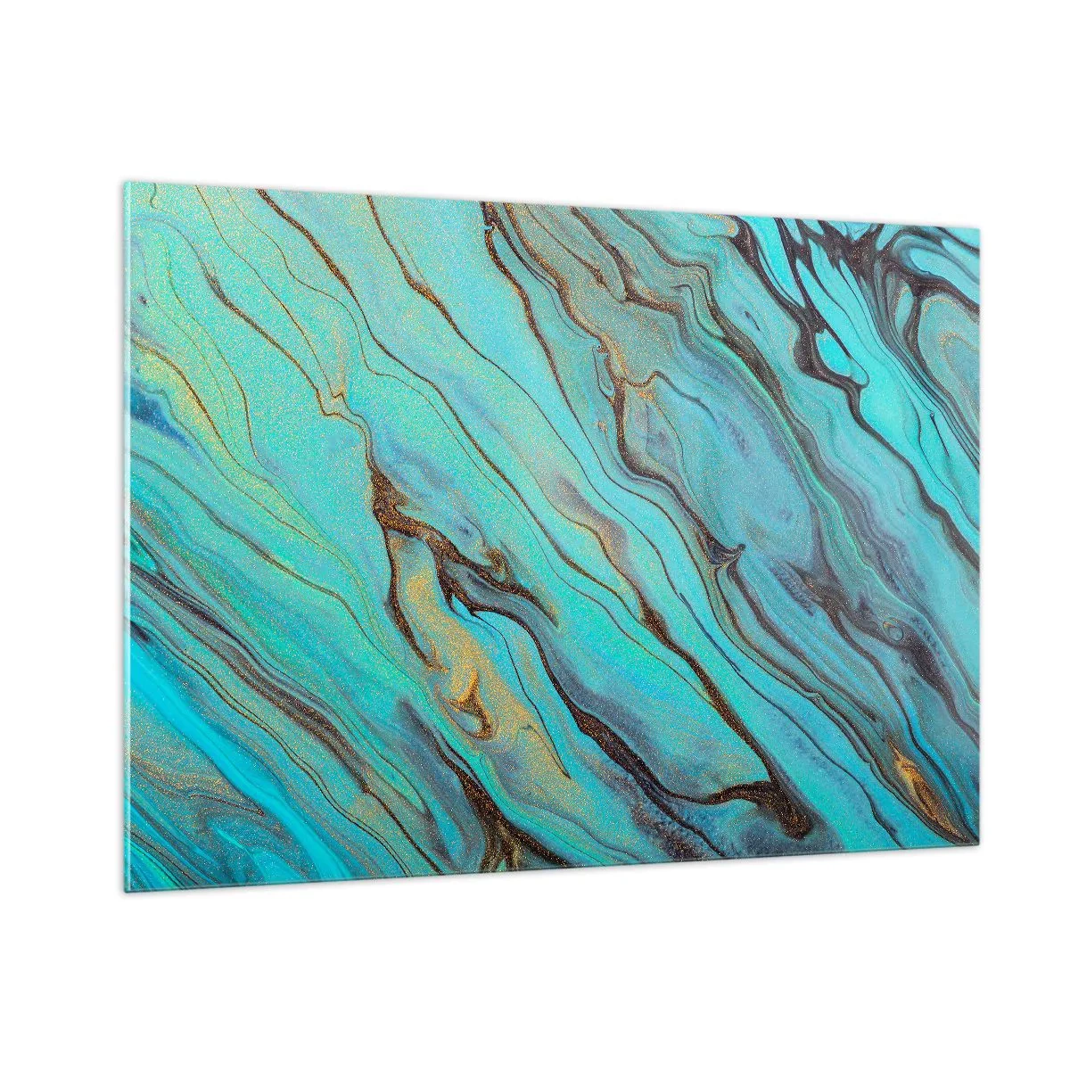 Impression sur verre - Image sur verre - Des stries abstraites en turquoise et or - 100x70cm - Marée turquoise - Décoration murale moderne pour le salon et la chambre ARTTOR