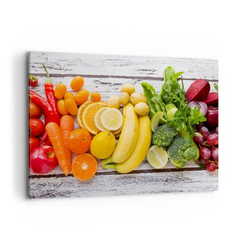 Impression sur toile - Image sur toile - Fruits et légumes colorés sur fond de bois - 100x70cm - Ce n'est pas suffisant? - Décoration murale moderne pour le salon et la chambre ARTTOR