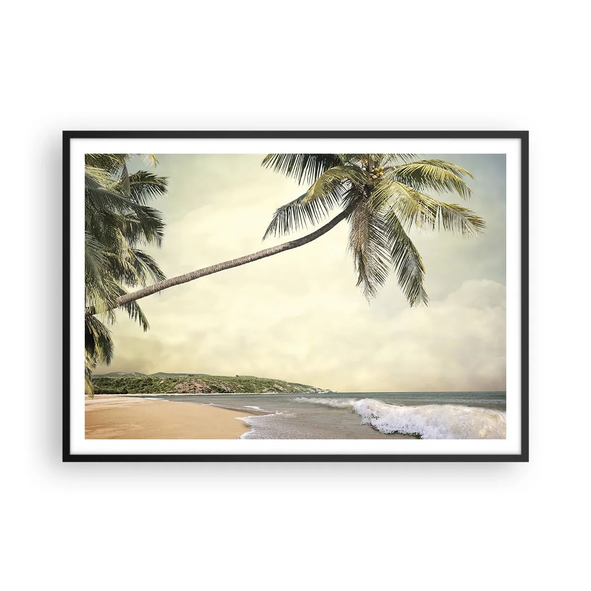 Affiche dans un cadre noir - Poster - Une plage avec des palmiers sur fond de mer calme - 100x70cm - Rêve tropical - Décoration murale moderne pour le salon et la chambre ARTTOR