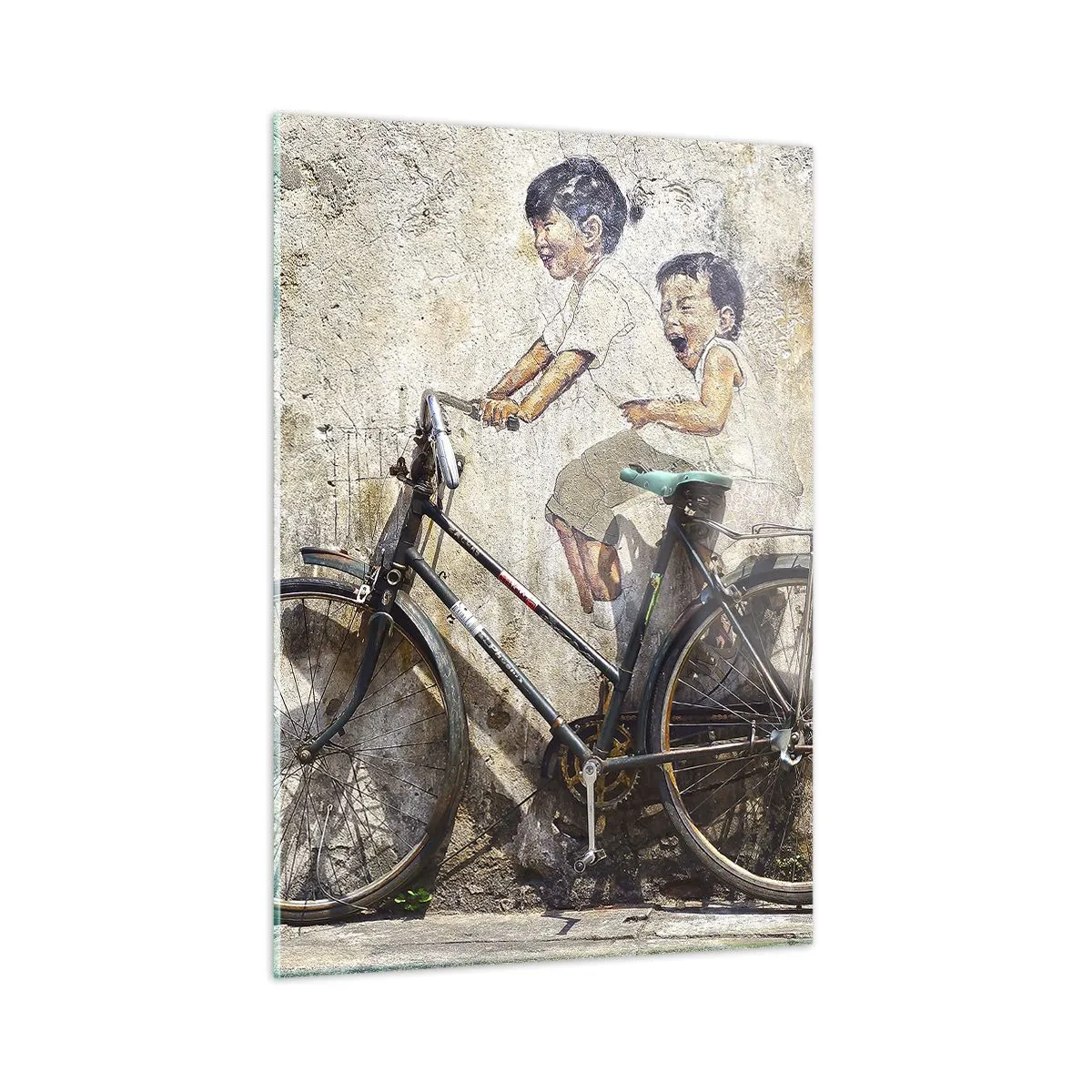 Impression sur verre - Image sur verre - Une peinture murale avec un vélo et des figures d'enfants sur un fond mural. - 50x70cm - Vrai ou faux? - Décoration murale moderne pour le salon et la chambre ARTTOR