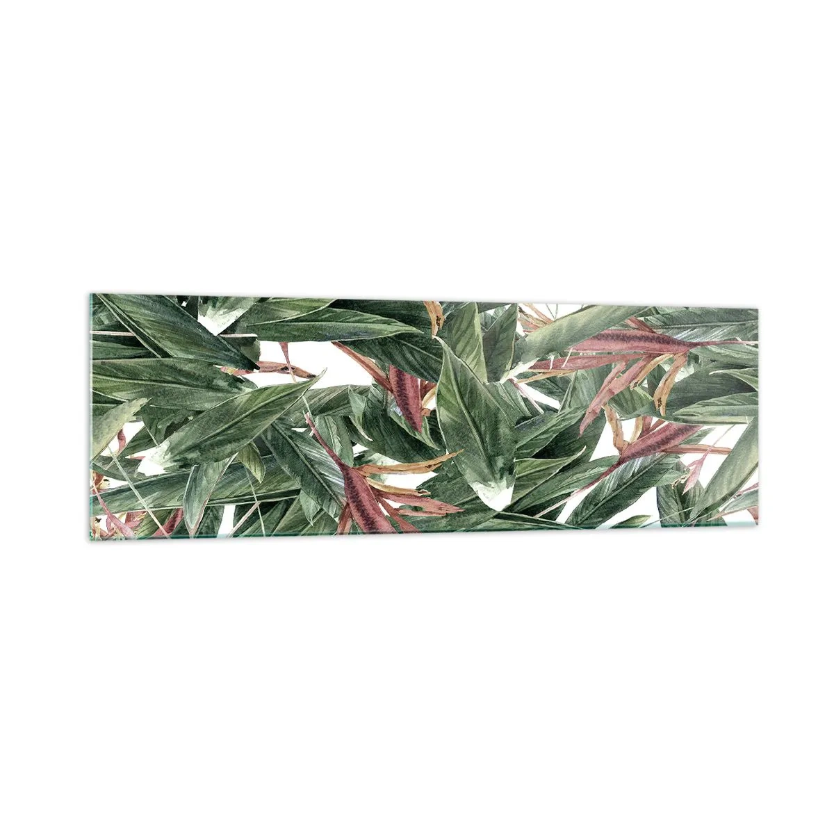 Impression sur verre - Image sur verre - Un motif de feuille décoratif dans des tons de vert et de bordeaux sur un fond clair - 160x50cm - Arbuste émeraude-lilas - Décoration murale moderne pour le salon et la chambre ARTTOR