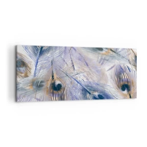 Impression sur toile - Image sur toile - Un motif avec des plumes de paon dans des tons de bleu et d'or - 120x50cm - Composition de paon - Décoration murale moderne pour le salon et la chambre ARTTOR