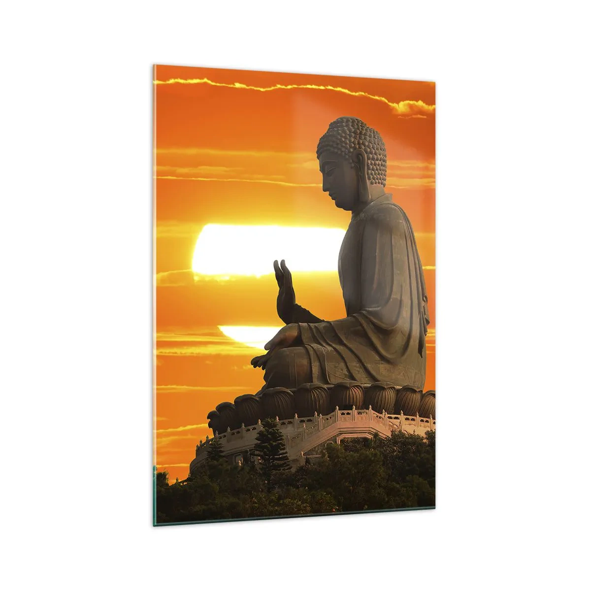 Impression sur verre - Image sur verre - Une statue bouddhiste sur fond de coucher de soleil orange - 70x100cm - Aucune peur du monde - Décoration murale moderne pour le salon et la chambre ARTTOR