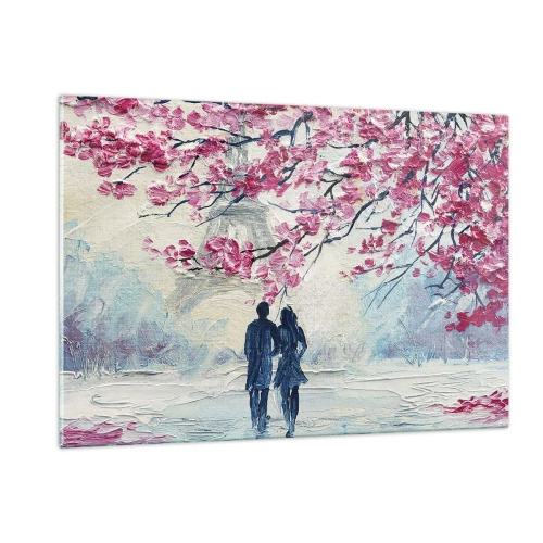 Impression sur verre - Image sur verre - Un couple se promenant sous des arbres en fleurs - 120x80cm - Ballade romantique - Décoration murale moderne pour le salon et la chambre ARTTOR