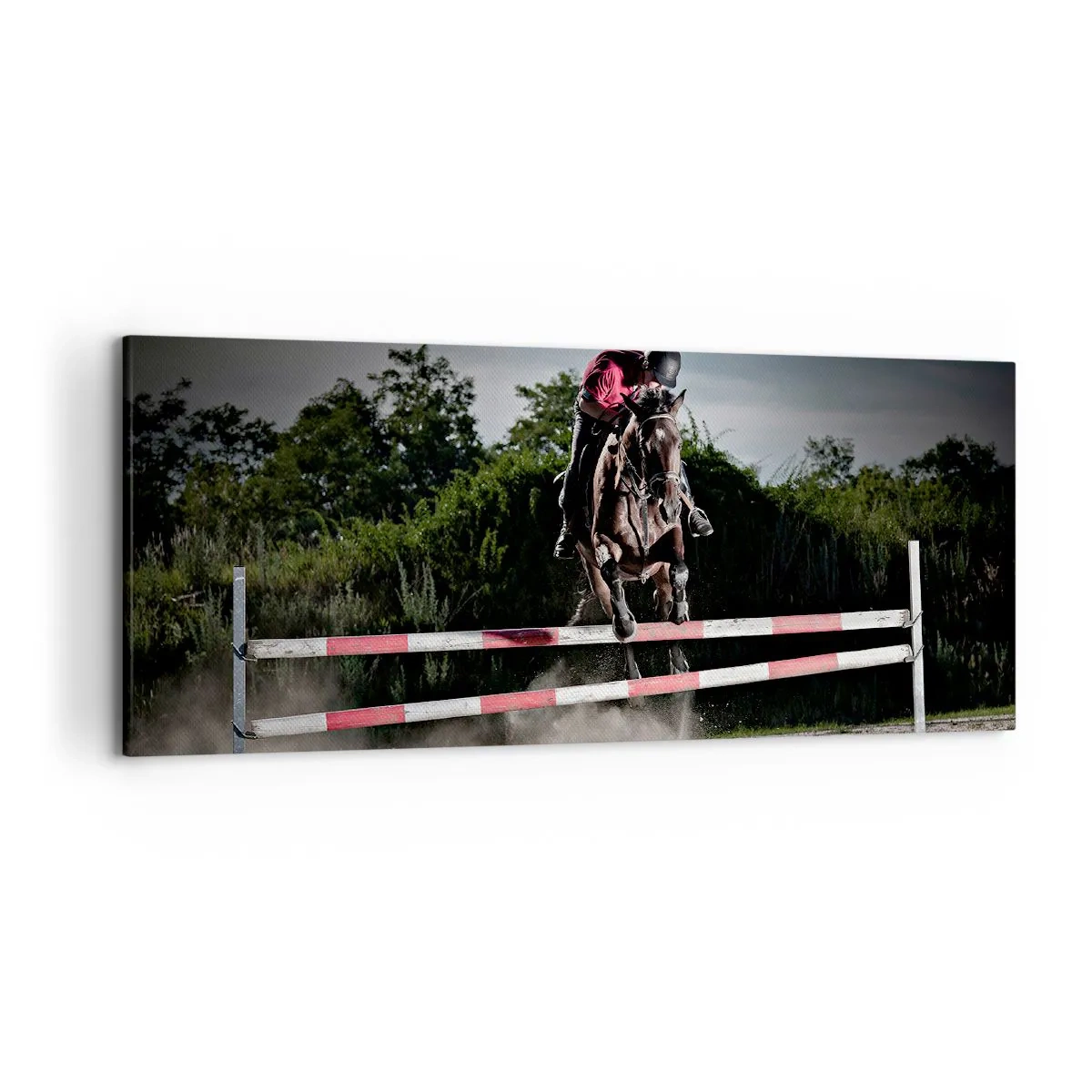 Impression sur toile - Image sur toile - Un cavalier sur un cheval sautant par-dessus un obstacle sur une piste de course - 120x50cm - Ensemble pour la victoire - Décoration murale moderne pour le salon et la chambre ARTTOR