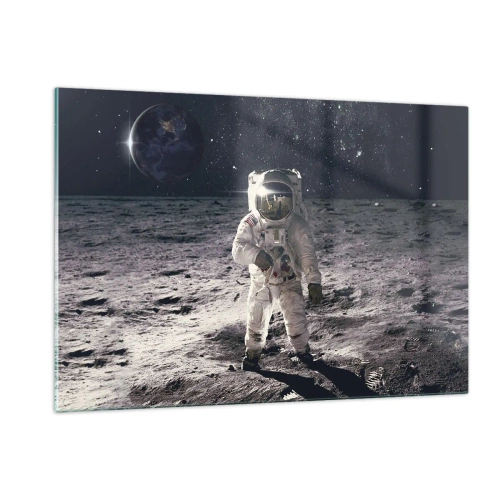 Impression sur verre - Image sur verre - Astronaute à la surface de la Lune avec la Terre en arrière-plan - 120x80cm - Salutations de la lune - Décoration murale moderne pour le salon et la chambre ARTTOR