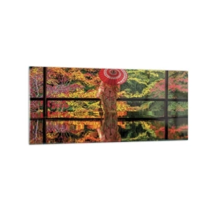 Impression sur verre - Image sur verre - Une femme en kimono avec un parapluie sur fond de paysage d'automne. - 120x50cm - Dans le temple de la nature - Décoration murale moderne pour le salon et la chambre ARTTOR