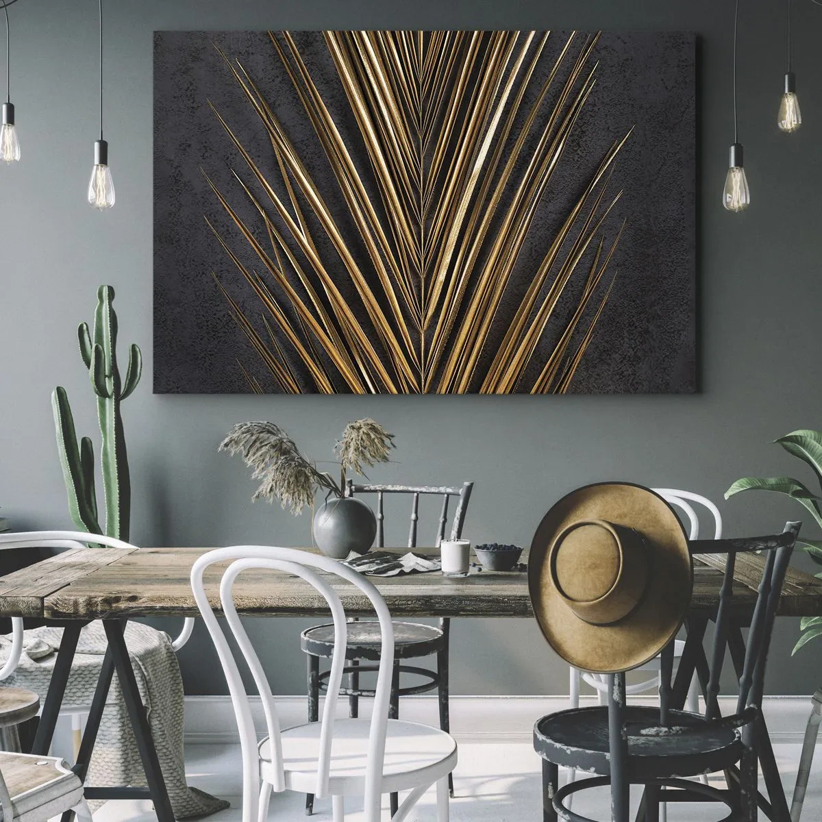 Impression sur toile - Image sur toile - Feuille tropicale dorée sur fond noir - 70x50cm - L'or des tropiques - Décoration murale moderne pour le salon et la chambre ARTTOR