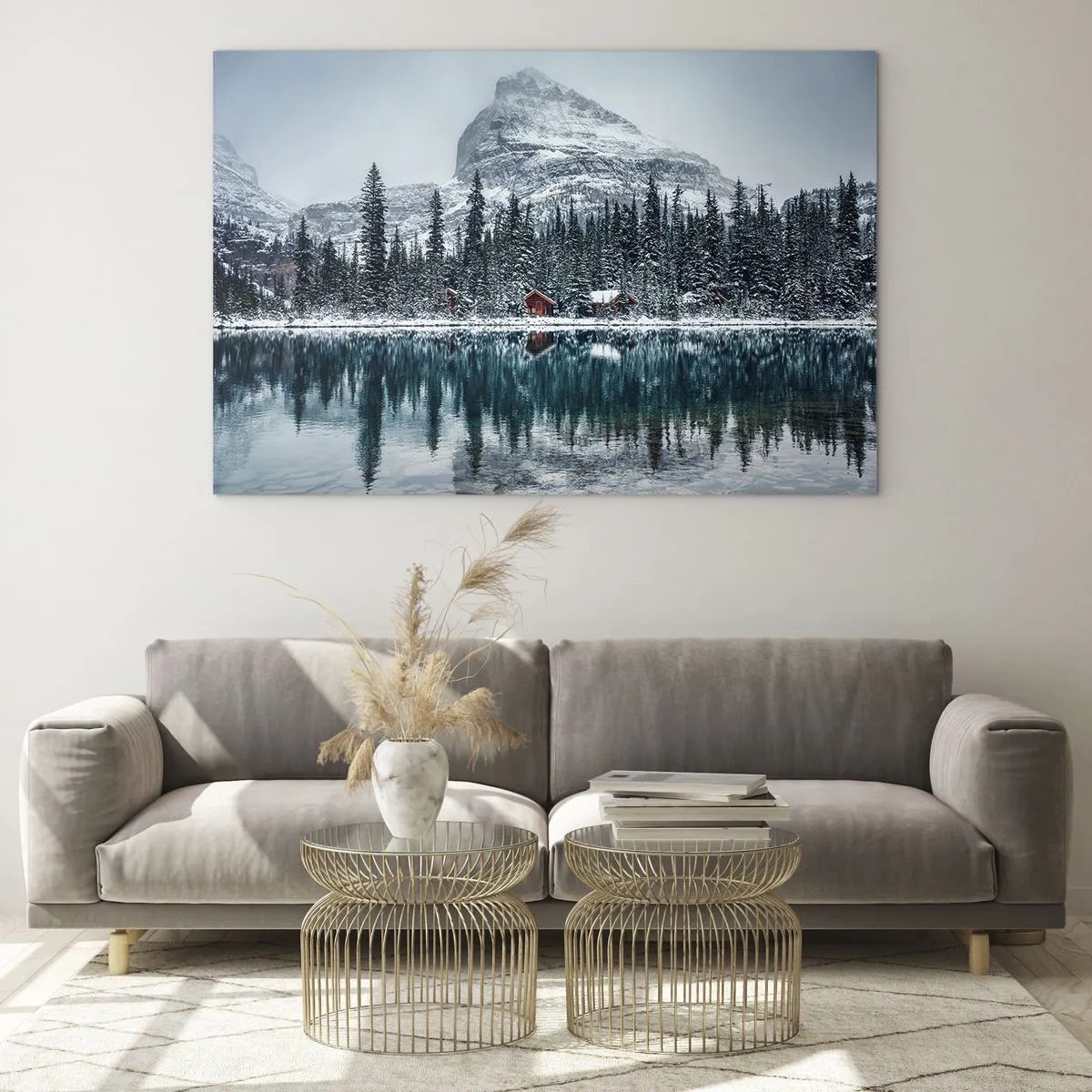 Impression sur verre - Image sur verre - Paysage d'hiver avec montagnes, forêt et chalets au bord du lac - 100x70cm - Retraite canadienne - Décoration murale moderne pour le salon et la chambre ARTTOR