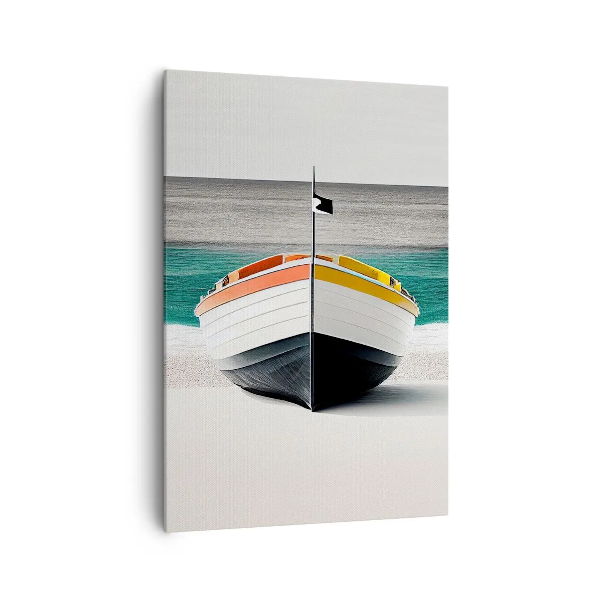 Impression sur toile - Image sur toile - Un bateau sur la plage avec une mer turquoise en arrière-plan - 70x100cm - A sa place - Décoration murale moderne pour le salon et la chambre ARTTOR