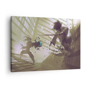 Impression sur toile - Image sur toile - Combat dynamique entre deux personnages dans un style futuriste - 70x50cm - Et tu peux être un samouraï - Décoration murale moderne pour le salon et la chambre ARTTOR