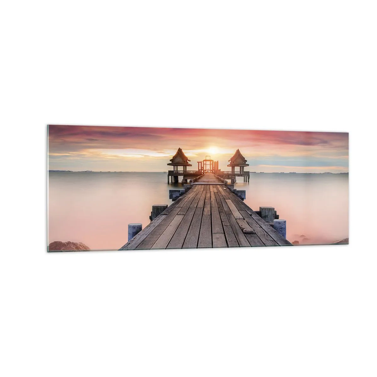 Impression sur verre - Image sur verre - Jetée en bois menant aux belvédères au coucher du soleil - 140x50cm - L'Ouest à l'Est - Décoration murale moderne pour le salon et la chambre ARTTOR