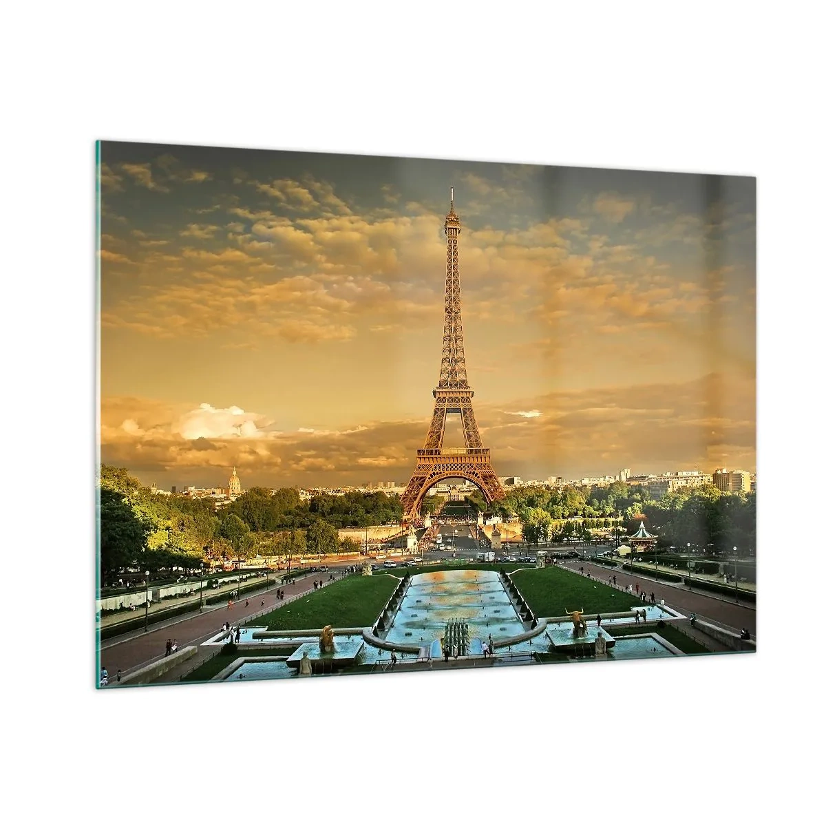 Impression sur verre - Image sur verre - La Tour Eiffel entourée de jardins parisiens au coucher du soleil - 100x70cm - La reine de Paris - Décoration murale moderne pour le salon et la chambre ARTTOR