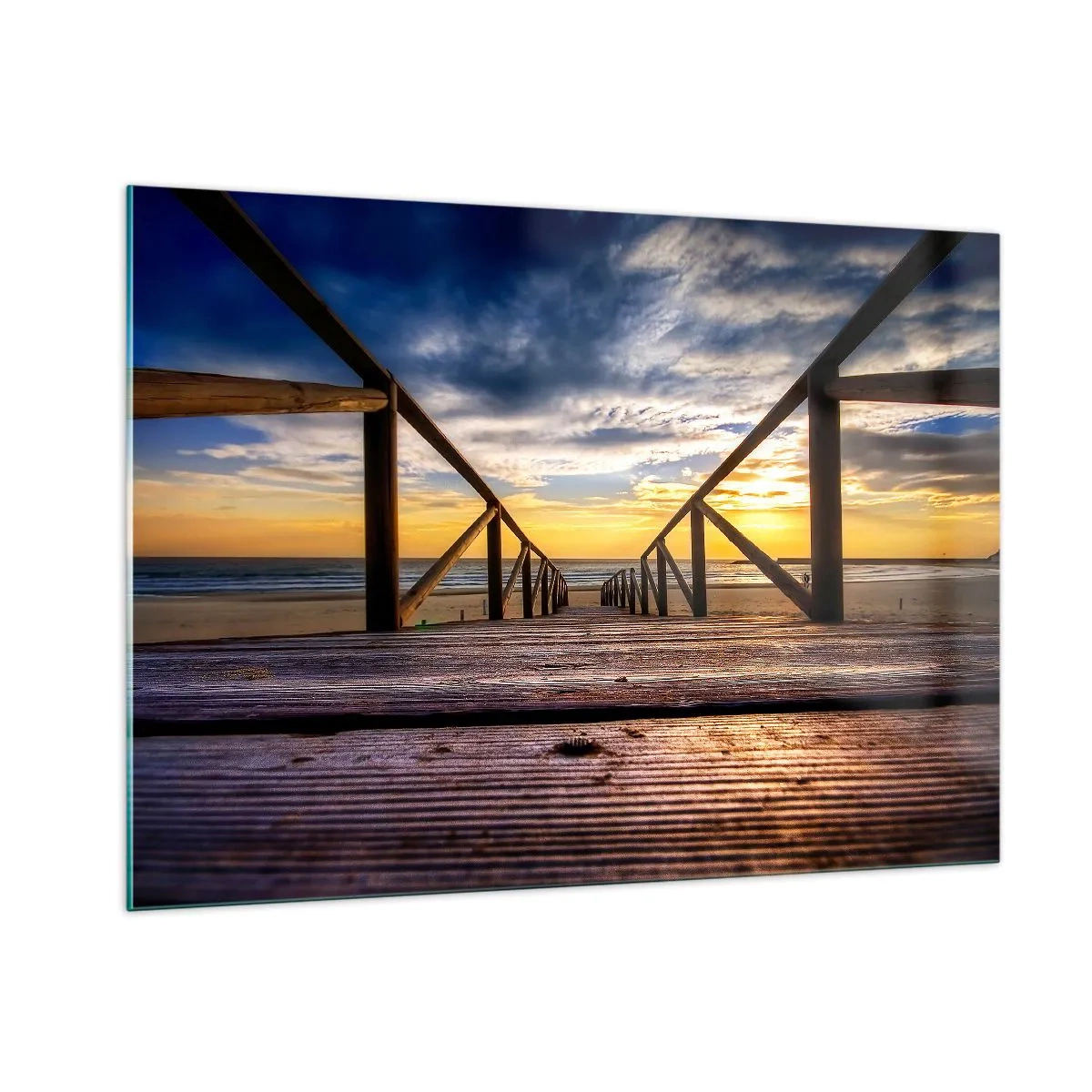 Impression sur verre - Image sur verre - Jetée menant à la plage au coucher du soleil - 100x70cm - Directement sur une plage calme au coucher de soleil - Décoration murale moderne pour le salon et la chambre ARTTOR