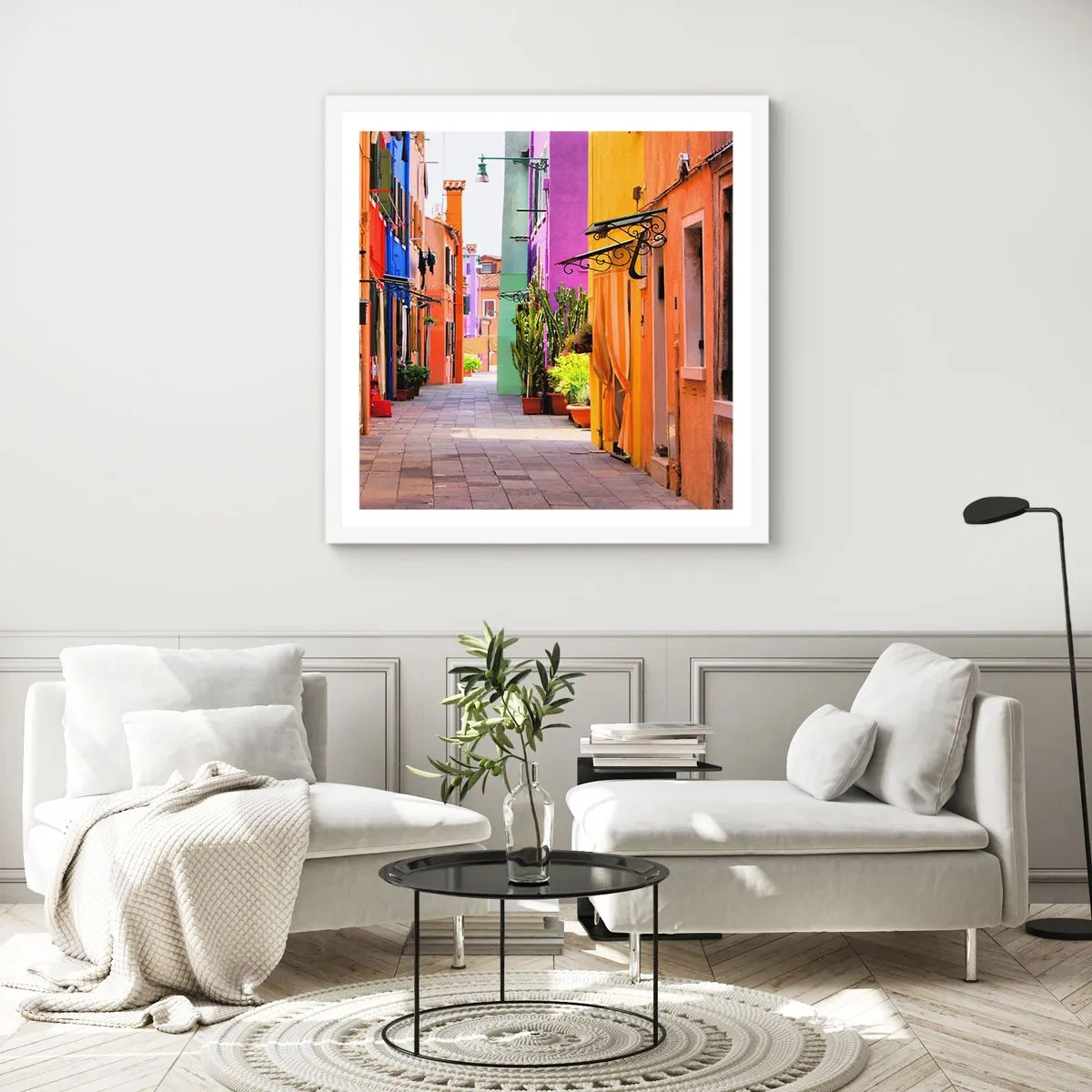 Affiche dans un cadre blanc - Poster - Allée arc-en-ciel - 60x60 cm