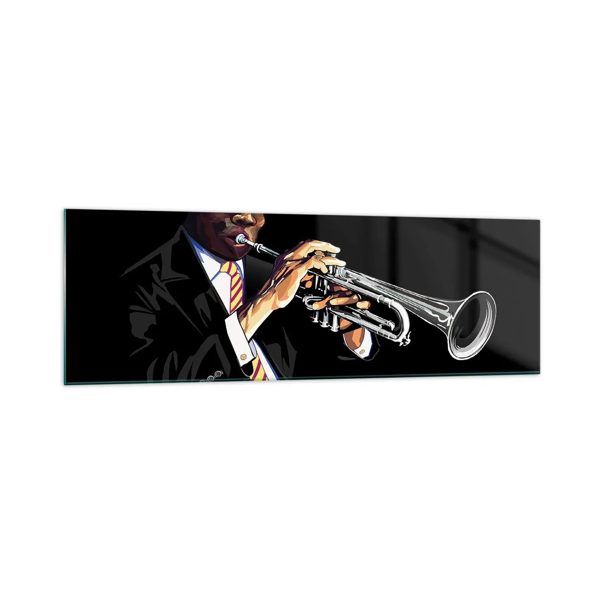Impression sur verre - Image sur verre - Un musicien jouant de la trompette sur un fond noir - 160x50cm - Le charme de la vieille école - Décoration murale moderne pour le salon et la chambre ARTTOR