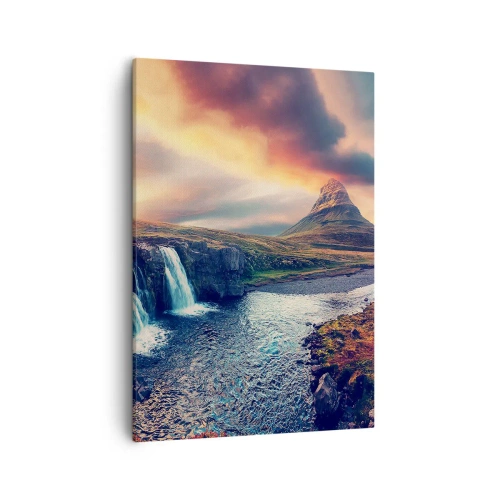 Impression sur toile - Image sur toile - Vue de la cascade et de la montagne à la lumière du soleil couchant - 50x70cm - Dans la majesté de la nature - Décoration murale moderne pour le salon et la chambre ARTTOR