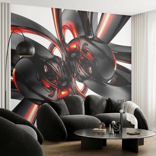 Papier Peint Photo Premium Sand - Formes noires abstraites avec des accents rouges - 100x70cm - Mouvement de graphite et rouge - Décoration murale moderne pour le salon et la chambre ARTTOR