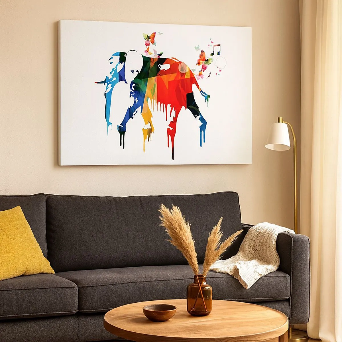 Impression sur toile - Image sur toile - Éléphant coloré avec des papillons dans un style géométrique moderne - 70x50cm - Tout le monde peut danser - Décoration murale moderne pour le salon et la chambre ARTTOR