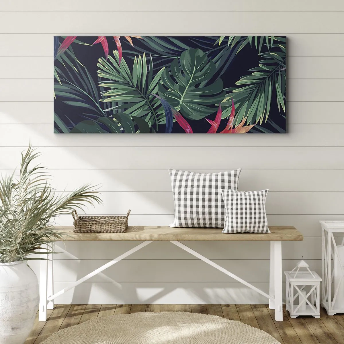 Impression sur toile - Image sur toile - Feuilles et fleurs tropicales sur fond sombre - 120x50cm - immergé dans la nature - Décoration murale moderne pour le salon et la chambre ARTTOR