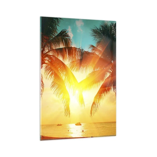 Impression sur verre - Image sur verre - Palmiers illuminés par la chaude lumière du soleil couchant - 80x120cm - Couple exotique - Décoration murale moderne pour le salon et la chambre ARTTOR