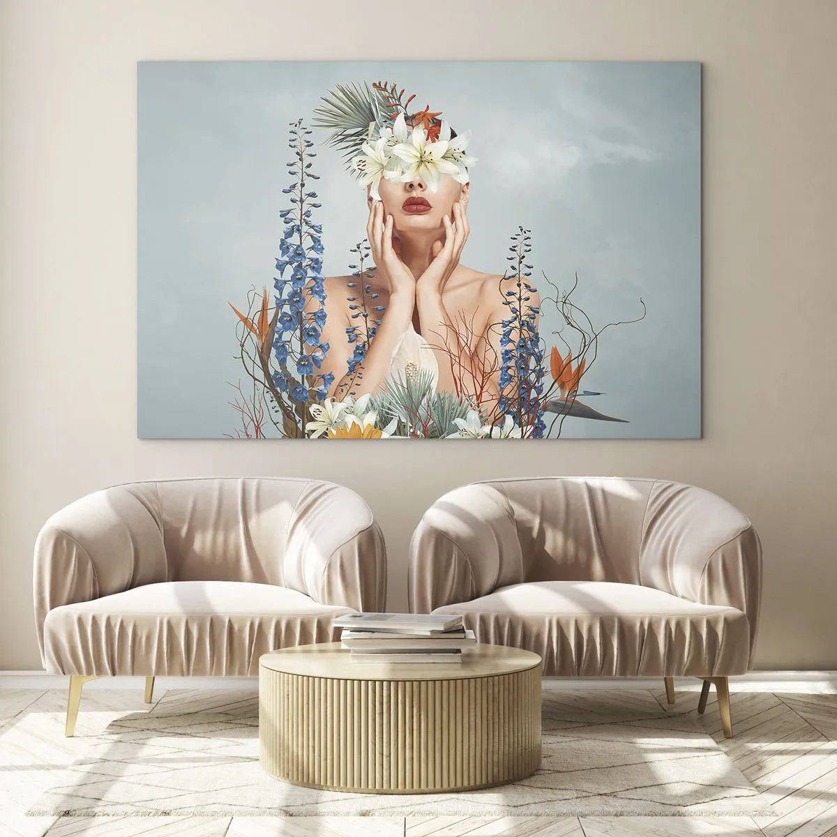 Impression sur verre - Image sur verre - Figure d'une femme avec une couronne de fleurs et une composition florale - 70x50cm - Femme - fleur - Décoration murale moderne pour le salon et la chambre ARTTOR