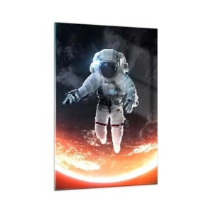 Impression sur verre - Image sur verre - Un astronaute flottant au-dessus d'une Terre éclairée par le soleil - 80x120cm - Puis-je rester un peu plus longtemps ? - Décoration murale moderne pour le salon et la chambre ARTTOR