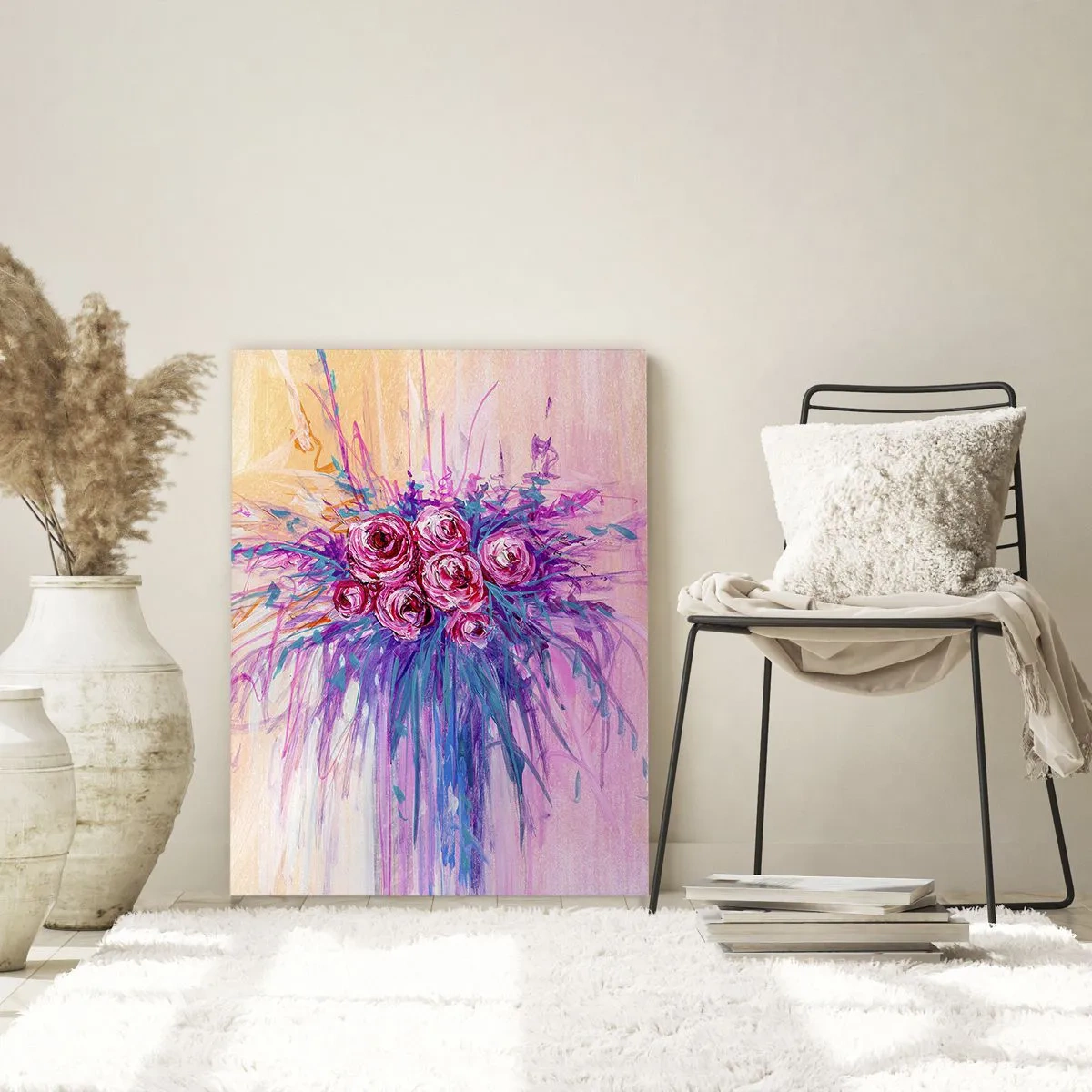 Impression sur verre - Image sur verre - Un bouquet de roses dans les tons de rose et de violet sur un fond pastel - 50x70cm - Fontaine aux roses - Décoration murale moderne pour le salon et la chambre ARTTOR