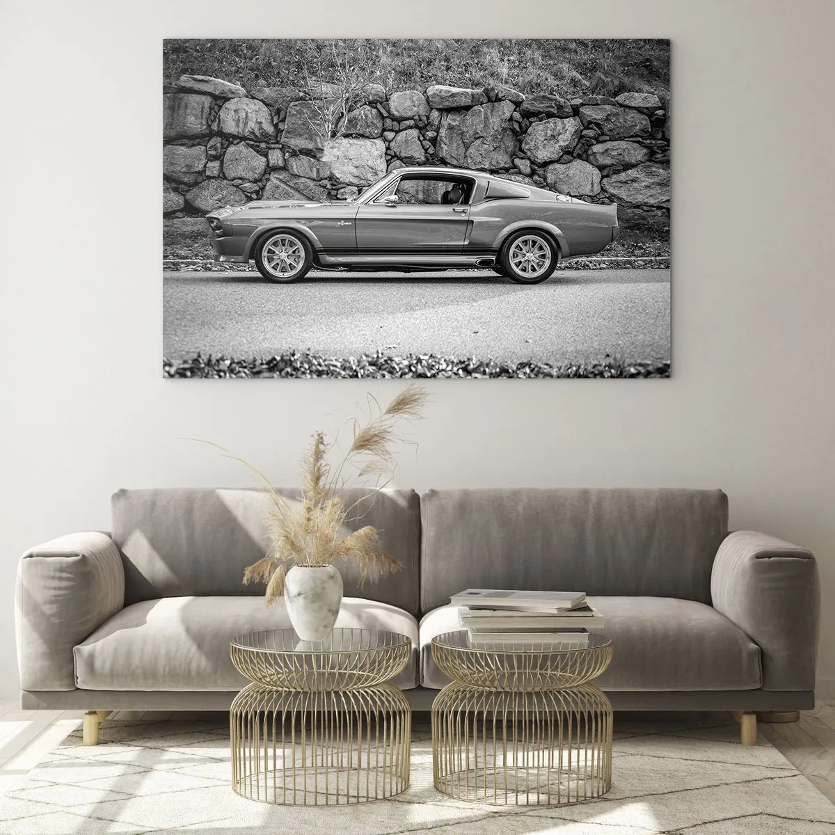 Impression sur verre - Image sur verre - Une voiture classique contre un mur de pierre - 70x50cm - Légende des années 60 - Décoration murale moderne pour le salon et la chambre ARTTOR