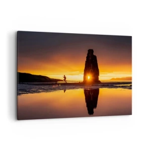 Impression sur toile - Image sur toile - Personne courant sur la plage au coucher du soleil avec formation rocheuse - 100x70cm - Juste vous et la nature - Décoration murale moderne pour le salon et la chambre ARTTOR