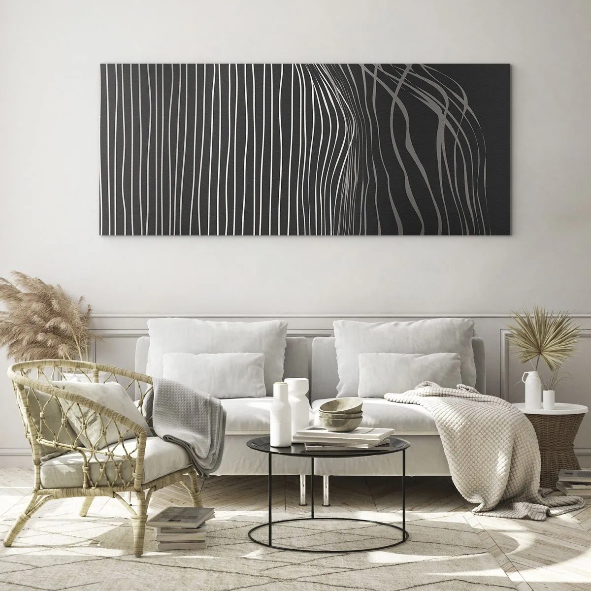 Impression sur verre - Image sur verre - Lignes blanches sur fond gris foncé dans un arrangement abstrait - 160x50cm - Rythme et accent - Décoration murale moderne pour le salon et la chambre ARTTOR