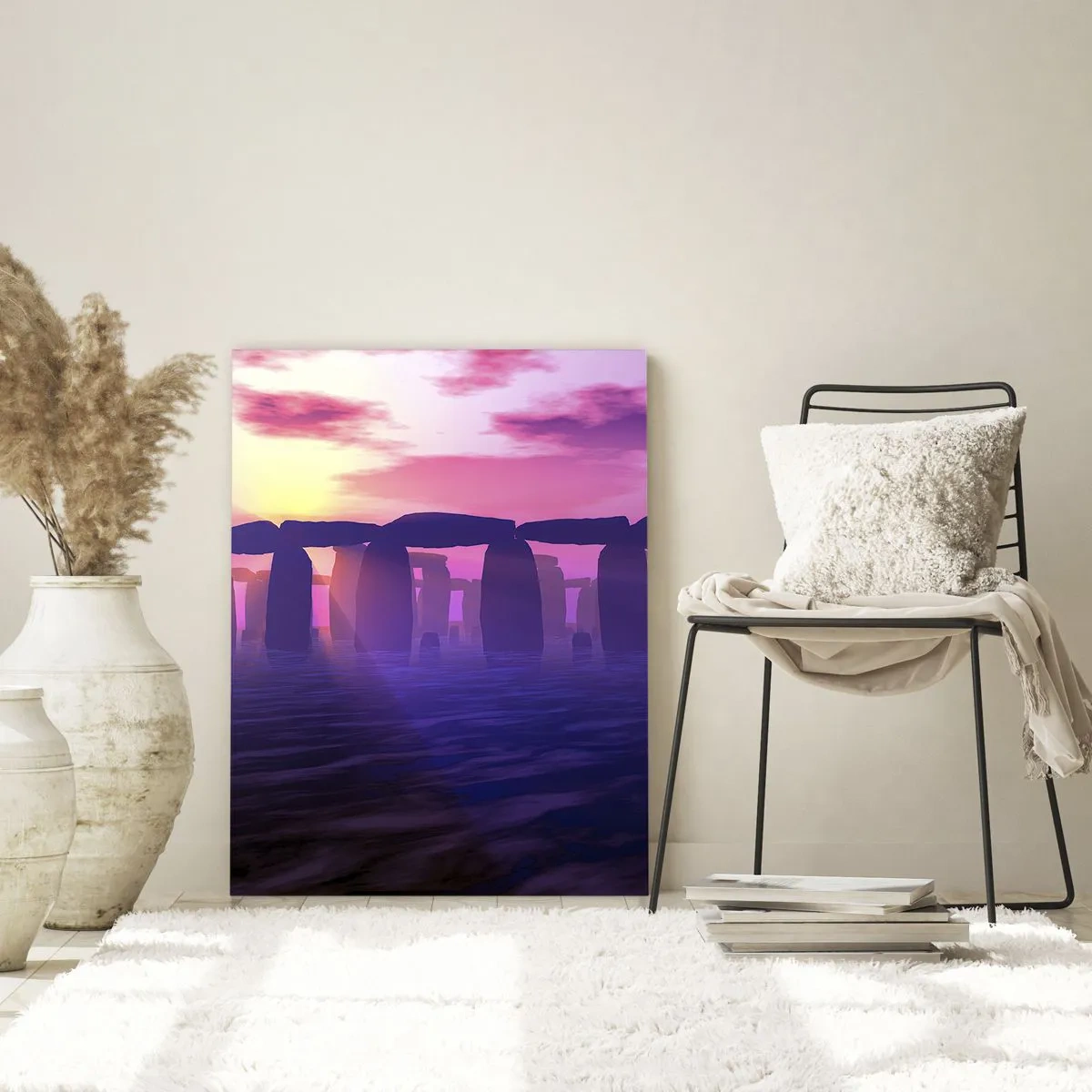 Impression sur verre - Image sur verre - Stonehenge à la lumière d'un coucher de soleil rose - 50x70cm - Mystère à l'aube dans le brouillard - Décoration murale moderne pour le salon et la chambre ARTTOR