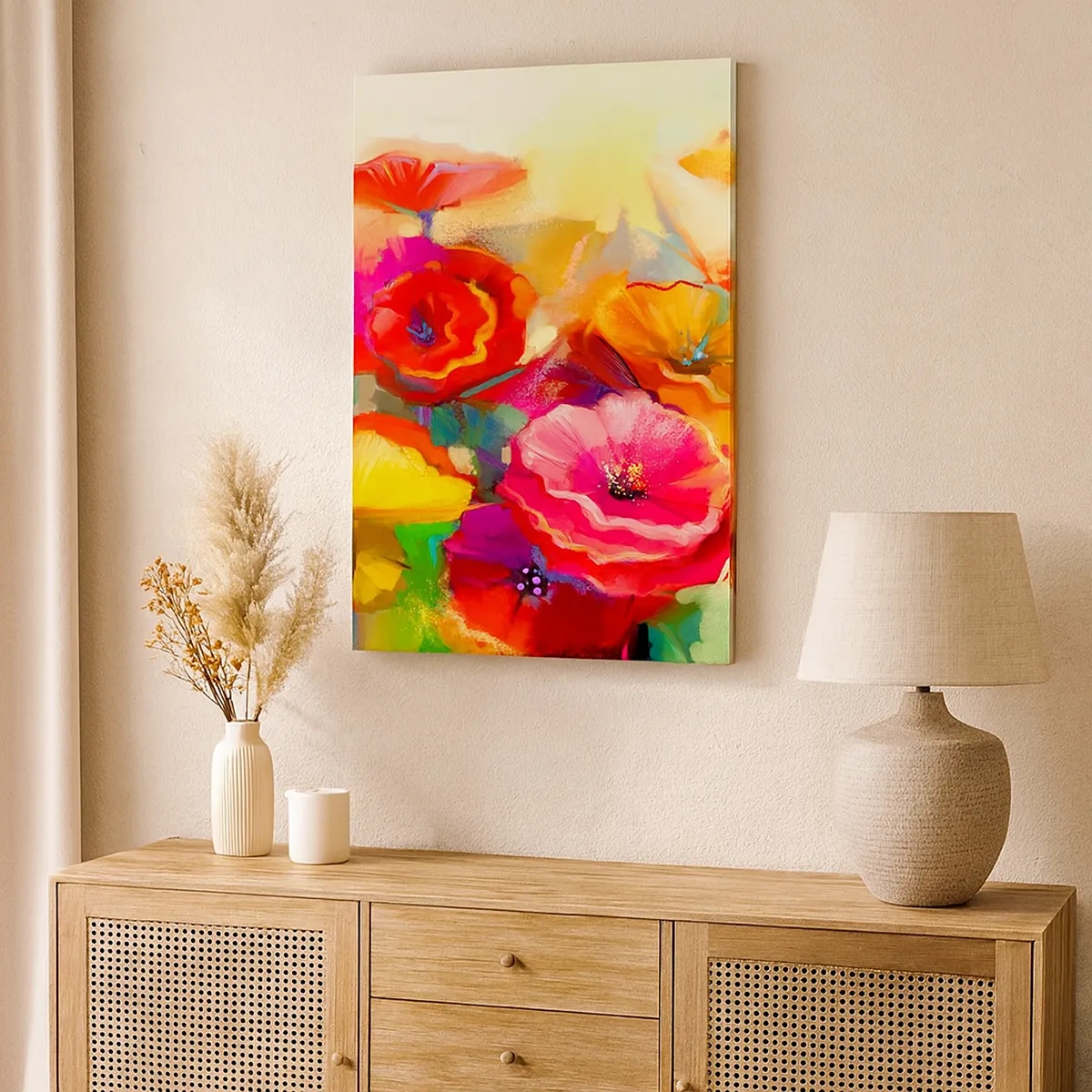 Impression sur toile - Image sur toile - Fleurs abstraites colorées sur fond clair - 50x70cm - Pas seulement rouge - Décoration murale moderne pour le salon et la chambre ARTTOR