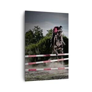 Impression sur toile - Image sur toile - Un cavalier sur un cheval sautant par-dessus un obstacle sur une piste de course - 70x100cm - Ensemble pour la victoire - Décoration murale moderne pour le salon et la chambre ARTTOR