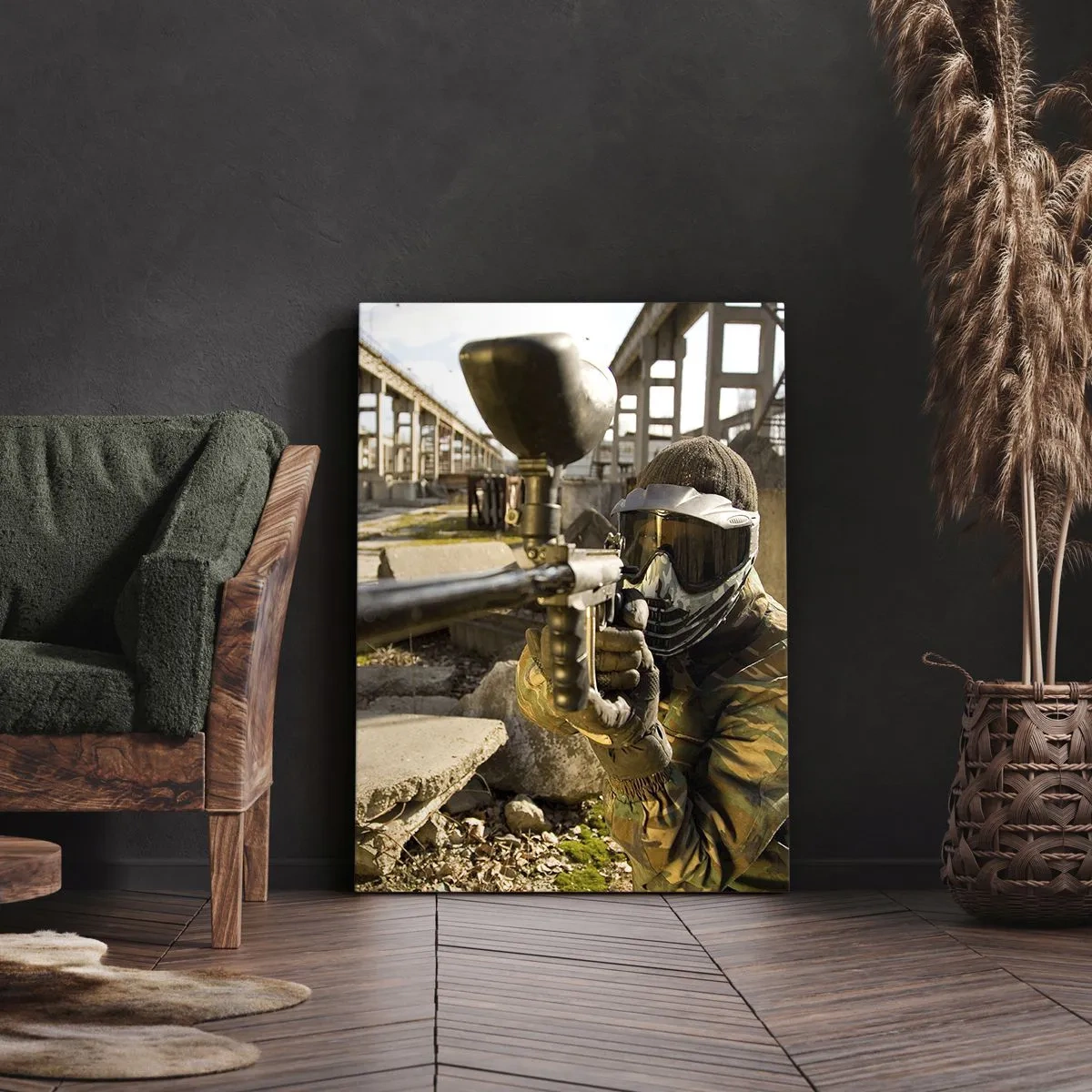 Impression sur toile - Image sur toile - Un joueur de paintball en tenue de camouflage visant un marqueur - 50x70cm - Et vous pouvez devenir un héros - Décoration murale moderne pour le salon et la chambre ARTTOR