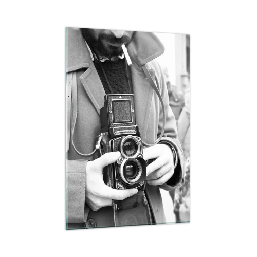 Impression sur verre - Image sur verre - Photo en noir et blanc d'un homme avec un appareil photo rétro - 80x120cm - Dans un style rétro - Décoration murale moderne pour le salon et la chambre ARTTOR