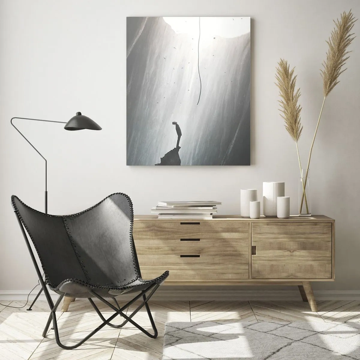 Impression sur verre - Image sur verre - Un homme debout dans l'obscurité au pied d'une sortie lumineuse au-dessus d'un abîme - 50x70cm - Il y a toujours une issue - Décoration murale moderne pour le salon et la chambre ARTTOR