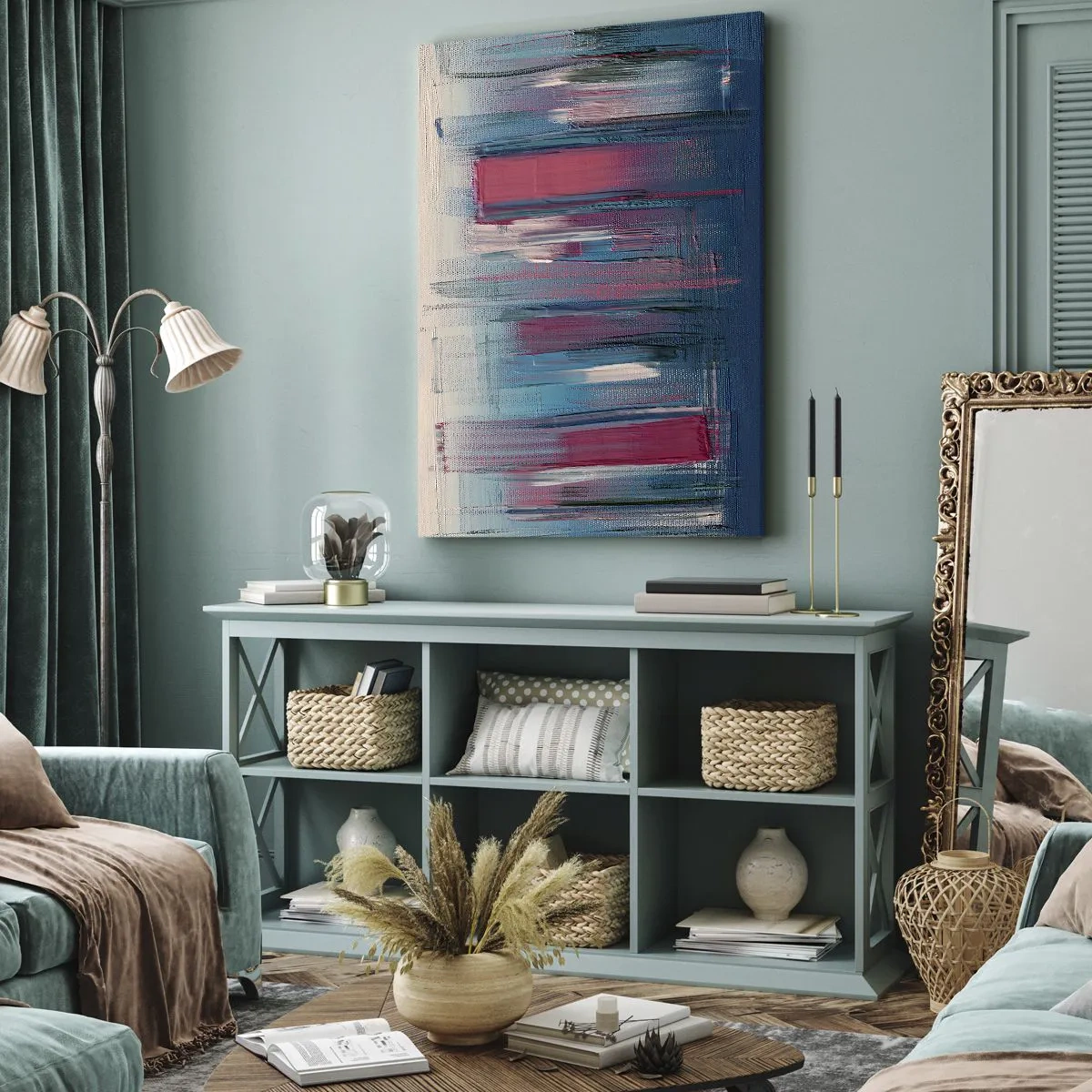 Impression sur toile - Image sur toile - Composition verticale en bleu et rouge - 55x100 cm