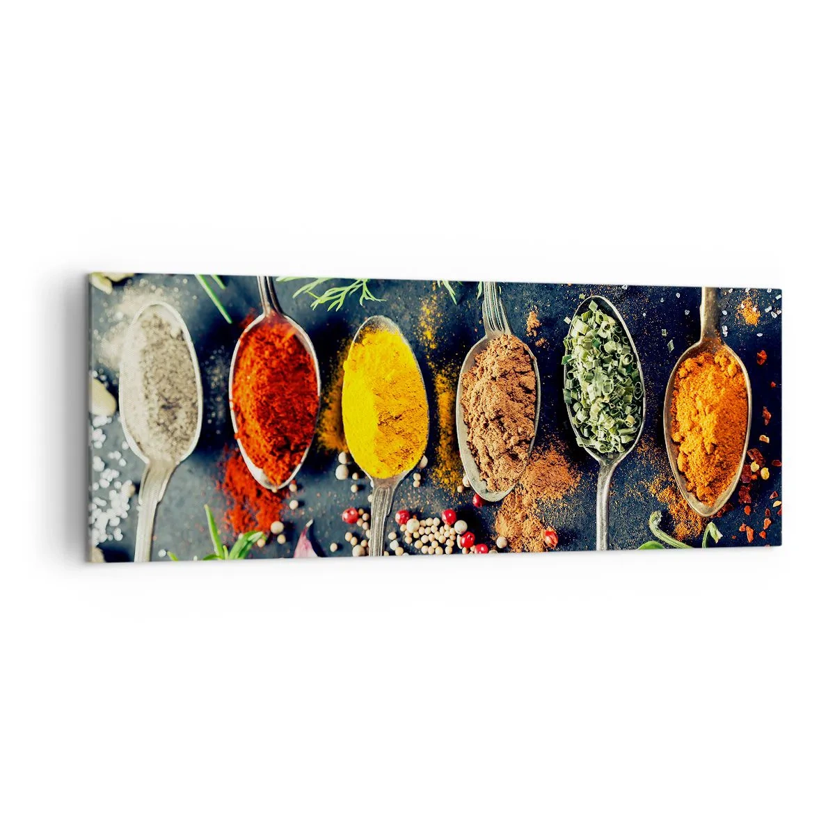 Impression sur toile - Image sur toile - Épices colorées sur des cuillères avec des herbes en arrière-plan - 140x50cm - Magie culinaire - Décoration murale moderne pour le salon et la chambre ARTTOR