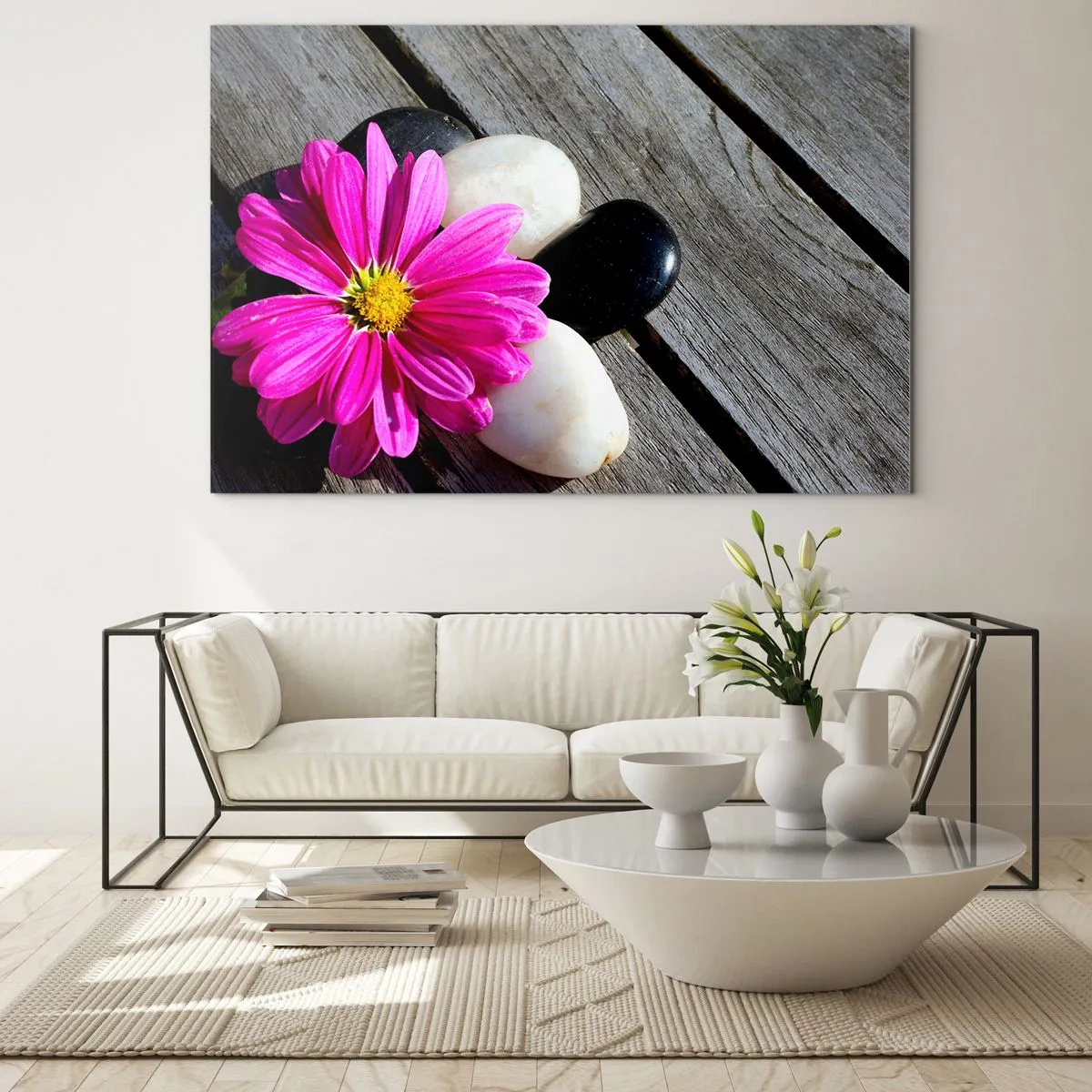 Impression sur verre - Image sur verre - Fleur rose avec des pierres sur un fond en bois - 70x50cm - Repos sur la jetée - Décoration murale moderne pour le salon et la chambre ARTTOR