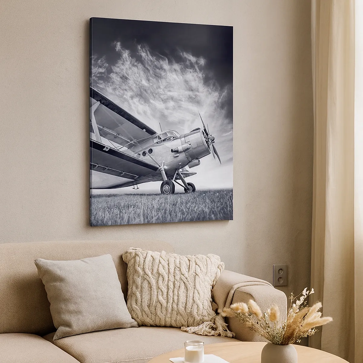 Impression sur toile - Image sur toile - Un avion contre un ciel dramatique en noir et blanc - 50x70cm - Le pèlerin ailé - Décoration murale moderne pour le salon et la chambre ARTTOR